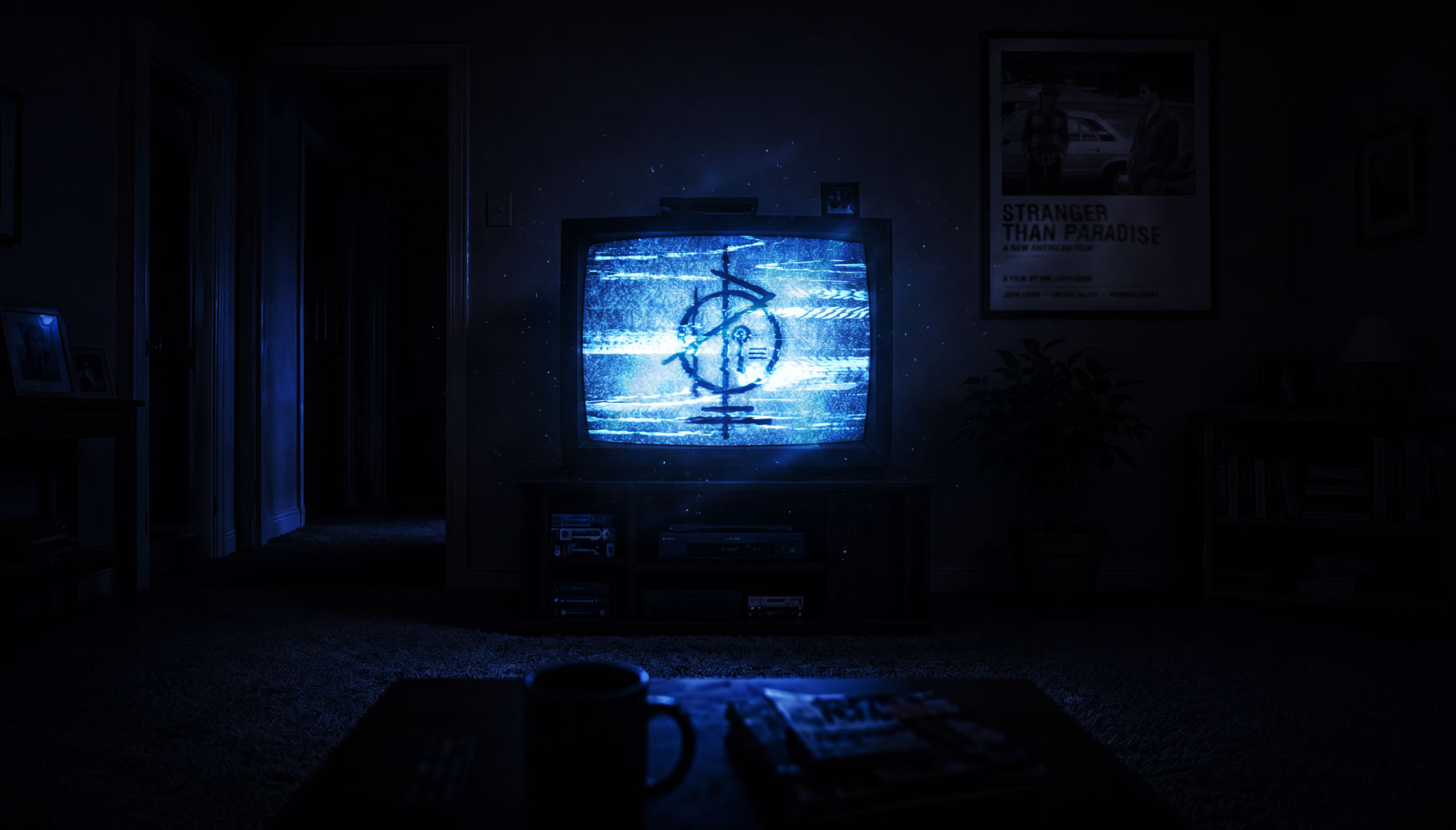 Dark room illuminated by a CRT television